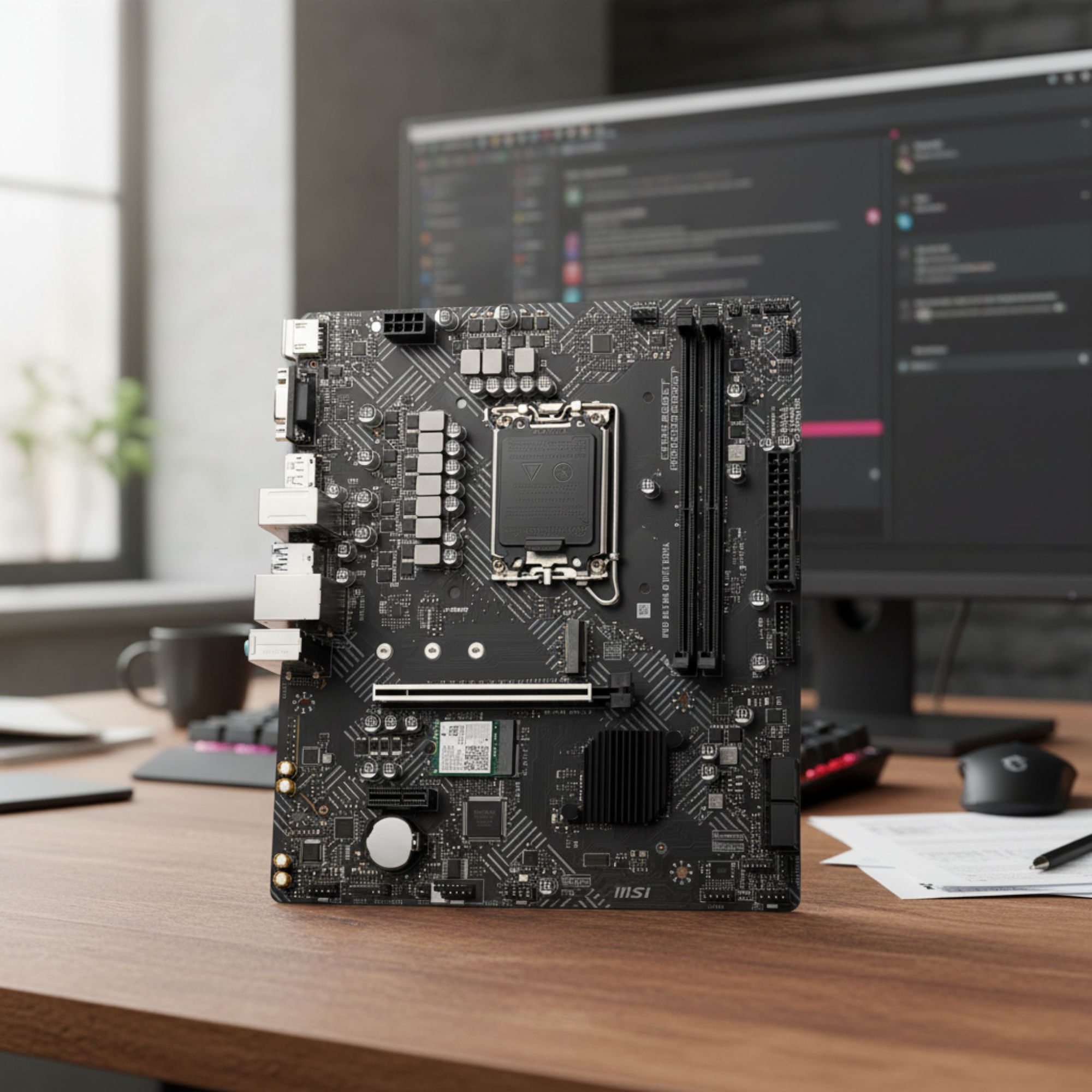 MSI motherboard centered on desk in sharp focus with blurred office background.