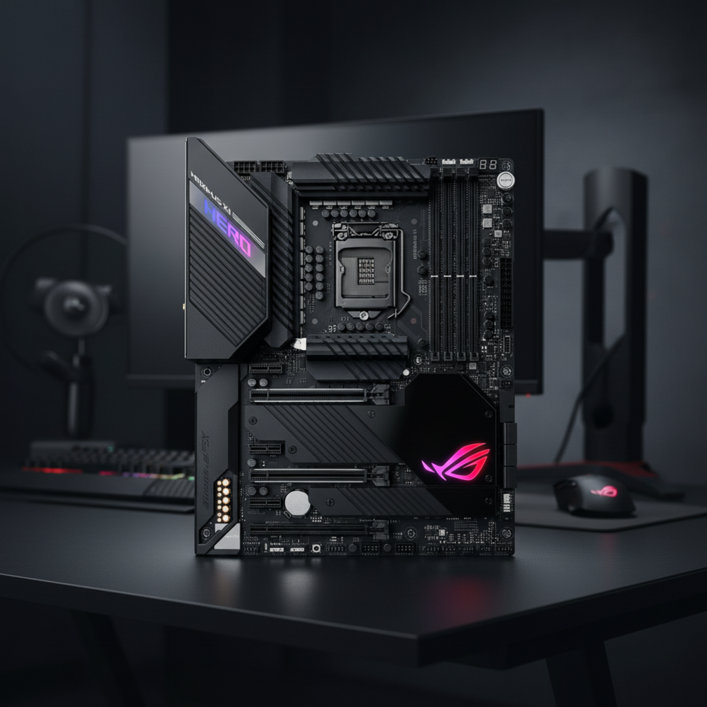 ASUS ROG Maximus XII Hero Wi-Fi motherboard standing upright on a gaming desk in a real workspace.