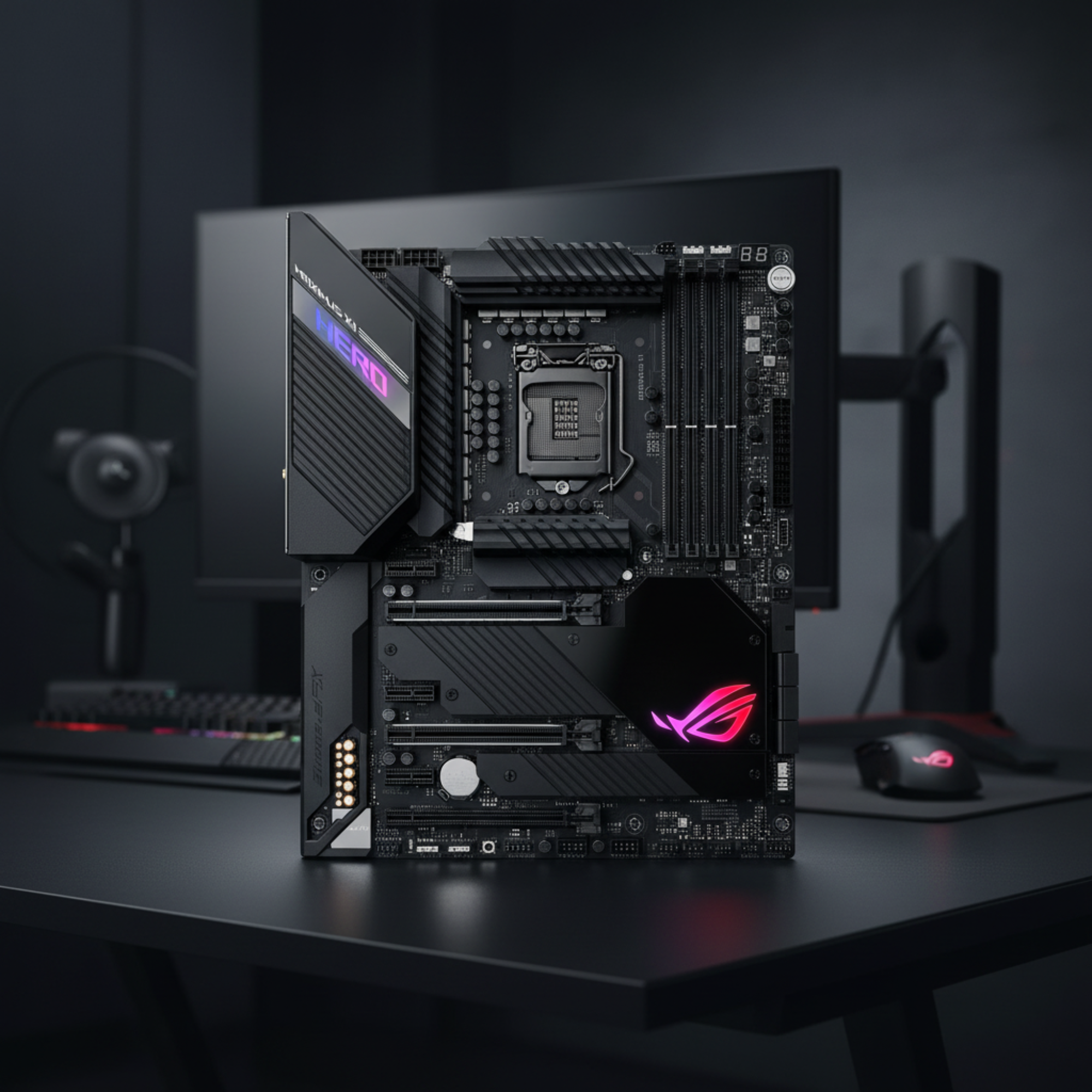ASUS ROG Maximus XII Hero Wi-Fi motherboard standing upright on a gaming desk in a real workspace.