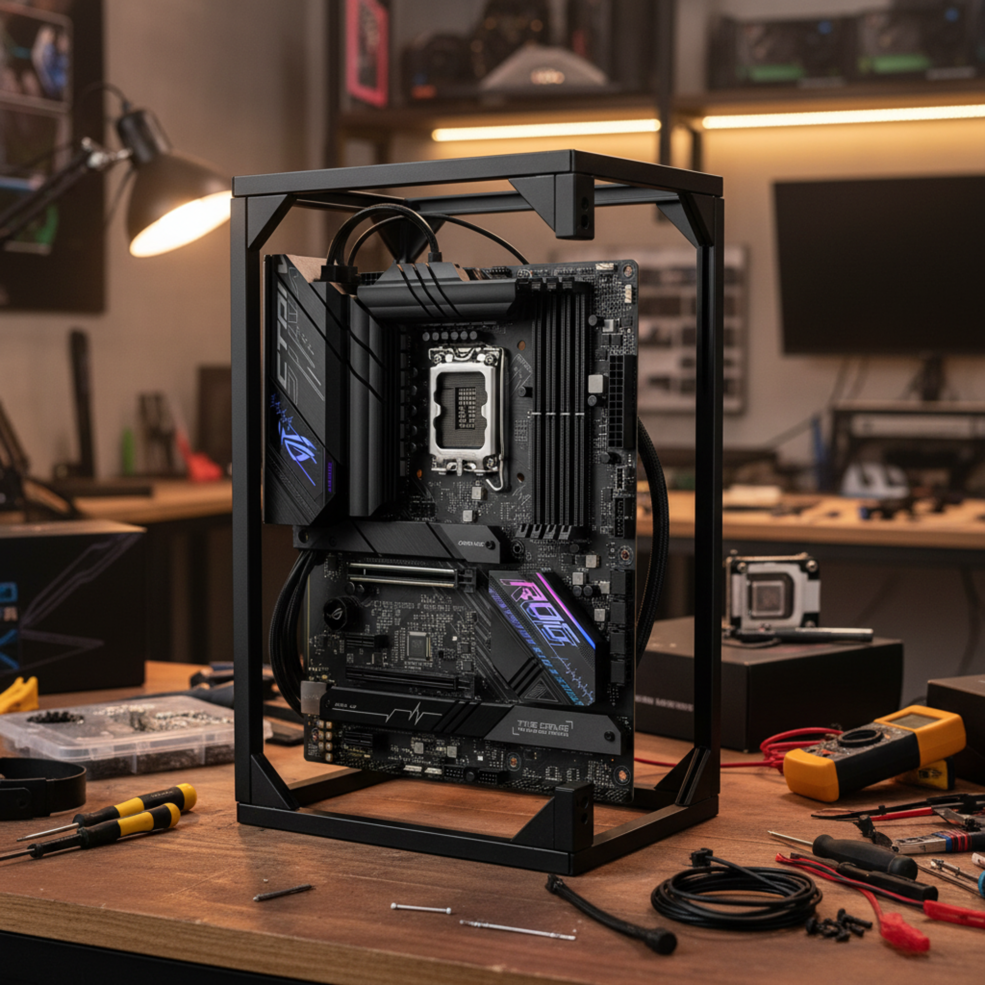 ASUS ROG Strix B660-F motherboard mounted in a PC builder workbench setup during installation.