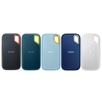 SanDisk SDSSDE61 portable SSD USB-C high-speed storage device close-up.
Black Sky Blue Monterey White Royal Blue
