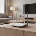 TP-Link Archer A5 AC1200 wireless dual band router on a modern living room TV console.