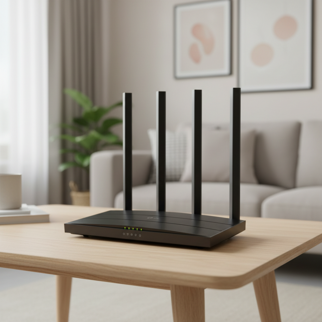 TP-Link Archer A6 WiFi router placed in a modern living room setup.