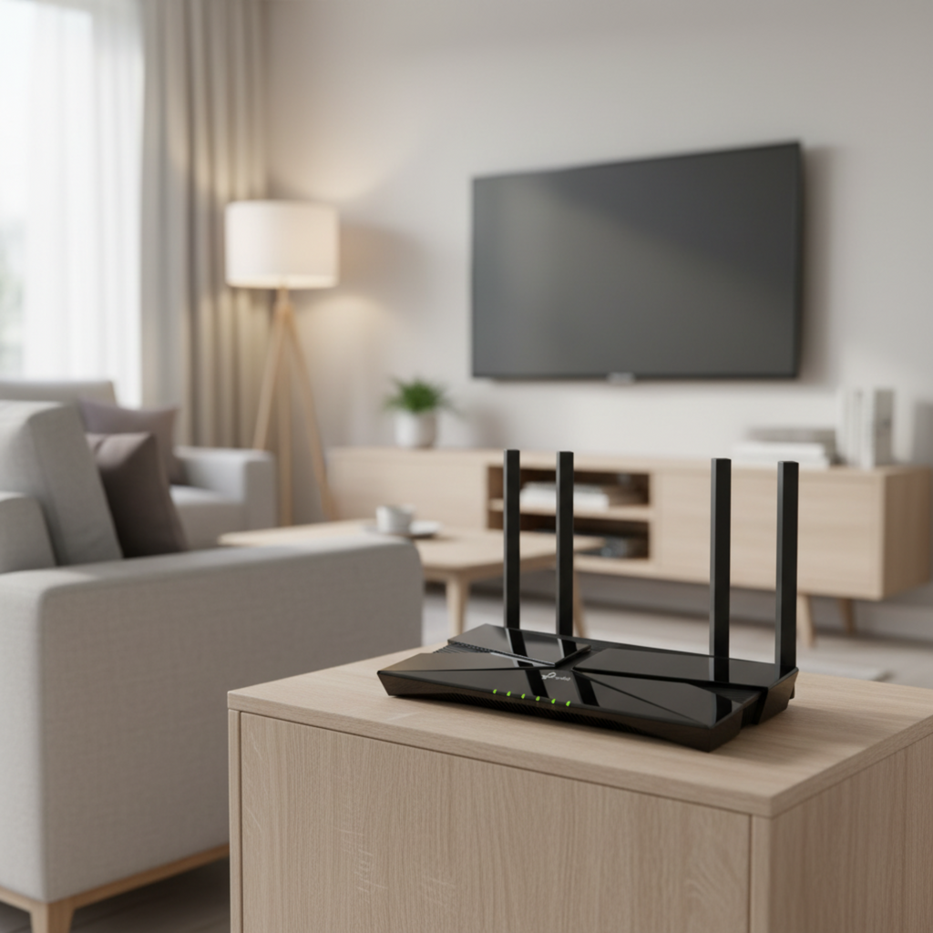 TP-Link Archer AX23 AX1800 WiFi 6 router placed in living room providing high speed home internet.