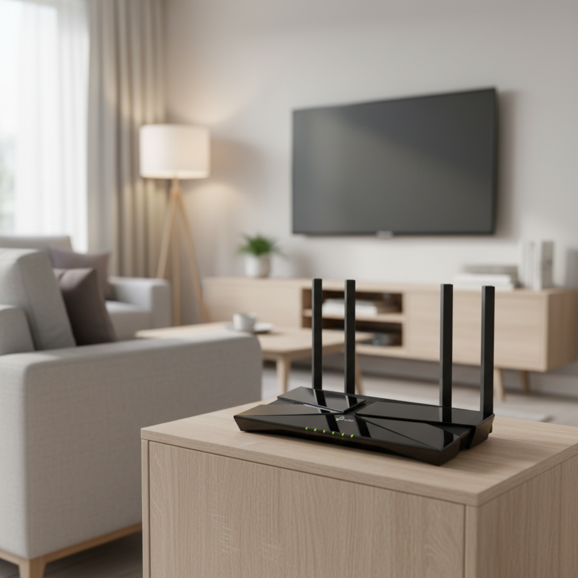 TP-Link Archer AX23 AX1800 WiFi 6 router placed in living room providing high speed home internet.