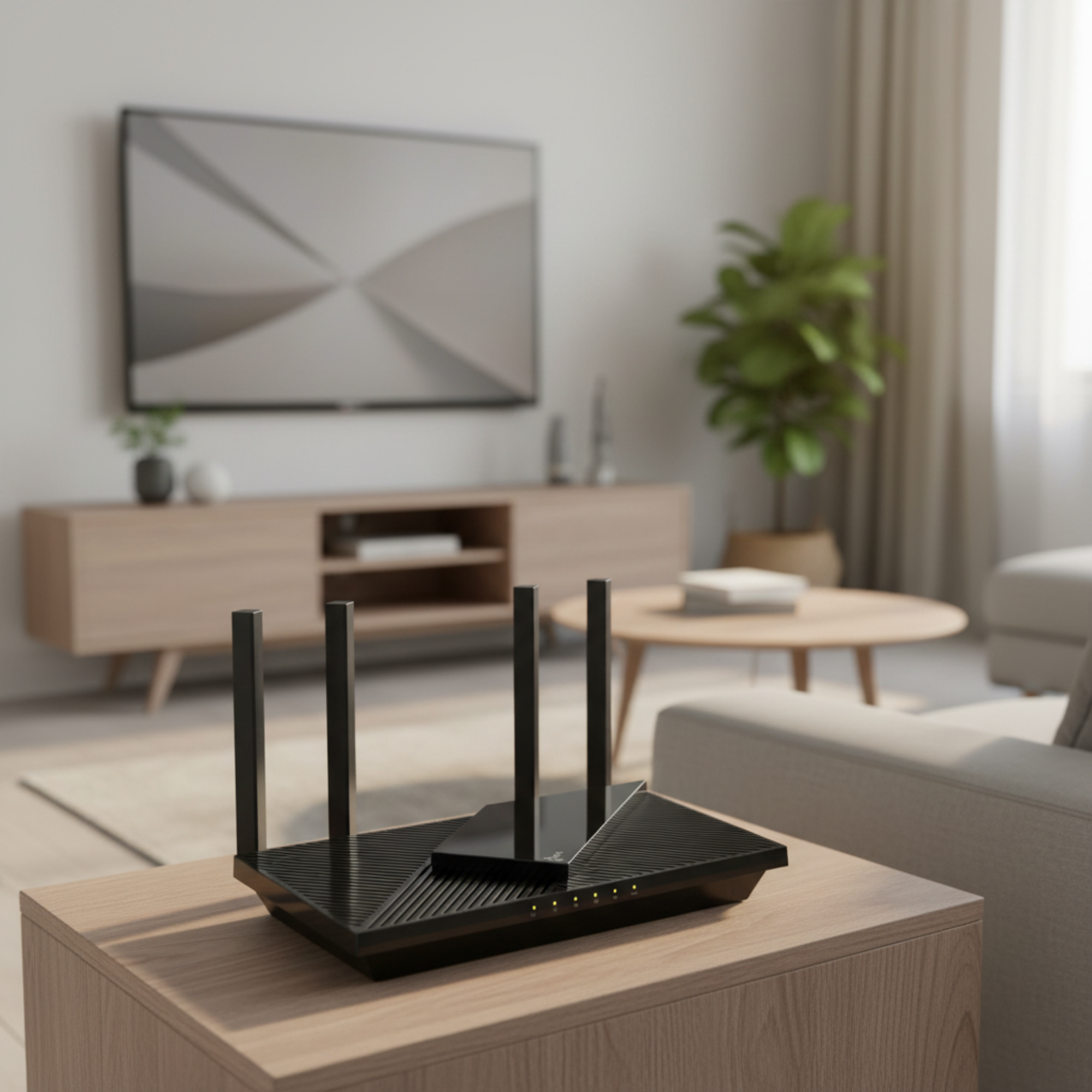 TP-Link Archer AX55 AX3000 WiFi 6 router placed on a modern living room media console.