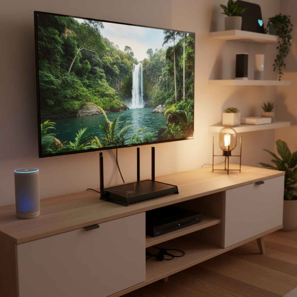 Wi-Fi 7 router in modern living room connected to smart home devices and 4K TV streaming setup