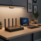 TP-Link BE400 router on a modern desk with blurred workspace environment.