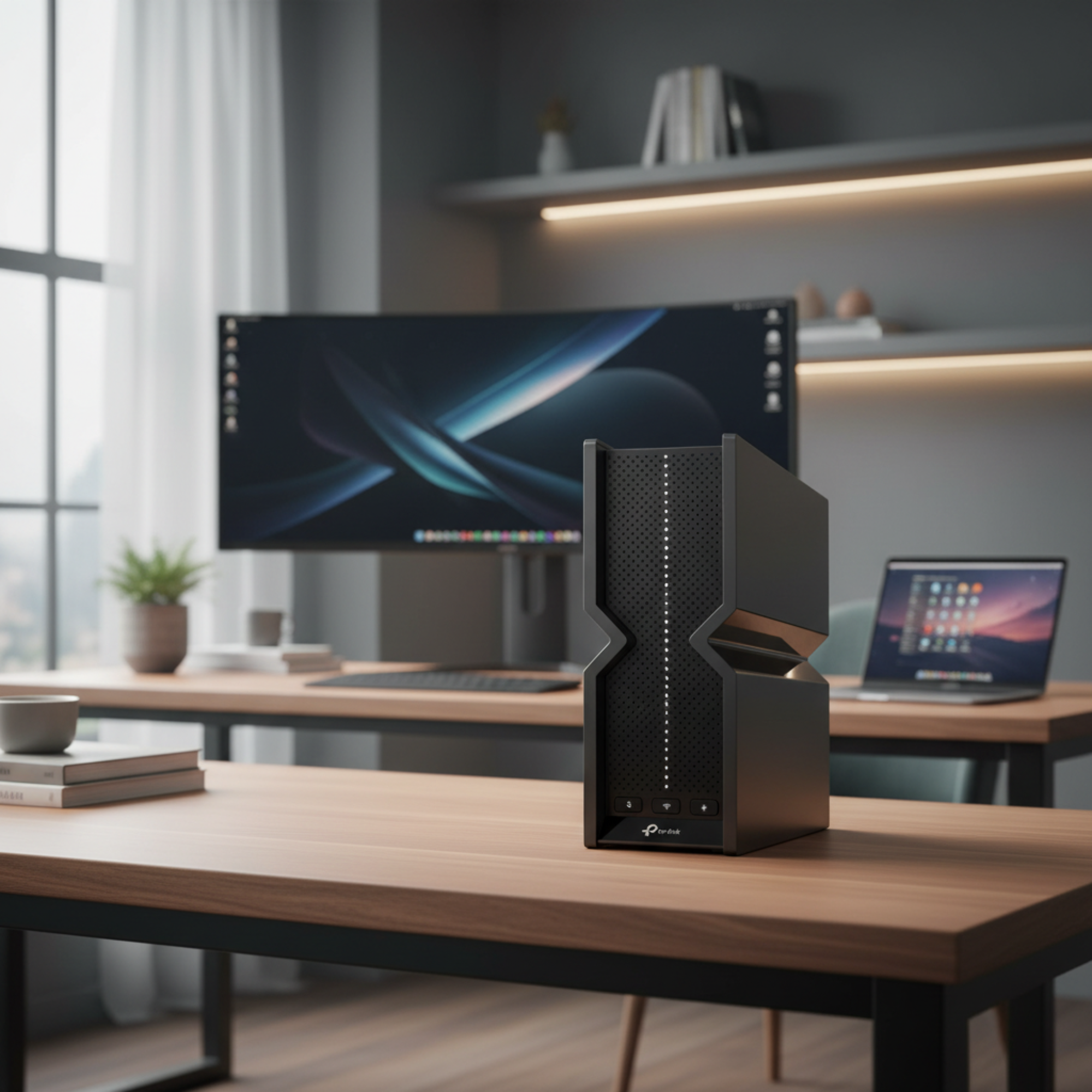 TP-Link Archer BE550 Wi-Fi 7 router on a modern desk with a blurred premium home office.