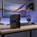 TP-Link Archer BE700 Wi-Fi 7 router on a premium desk with a blurred modern gaming office.