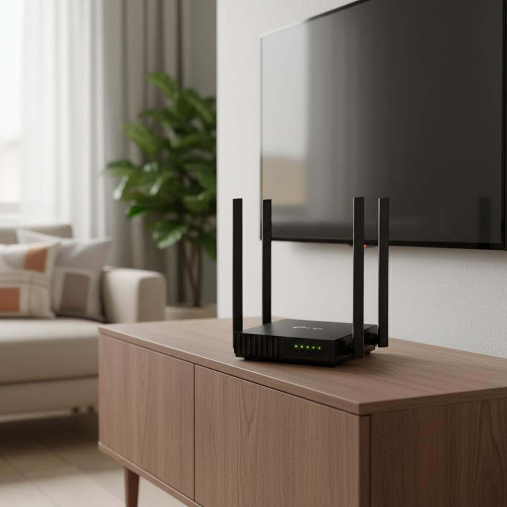 TP-Link Archer C54 AC1200 Dual Band WiFi Router on a living room table.