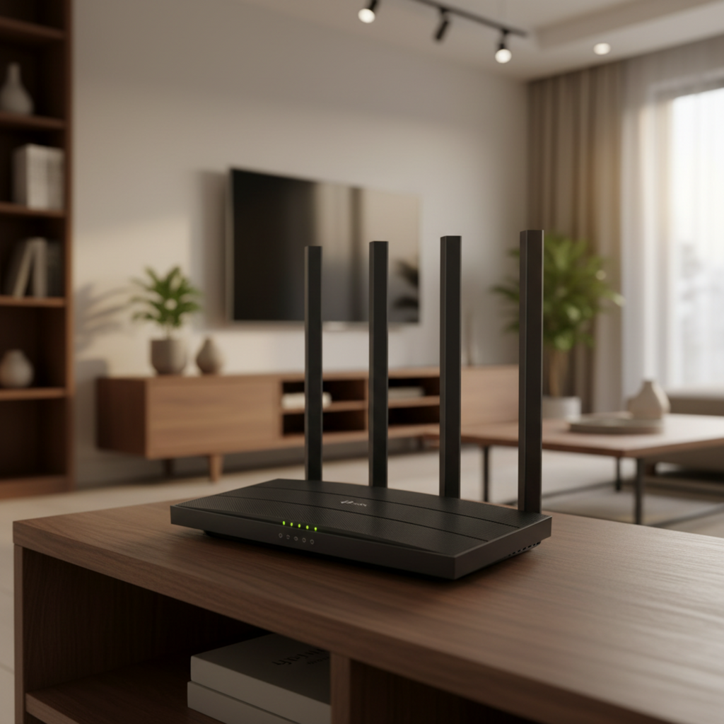 TP-Link Archer C80 AC1900 WiFi router placed on a modern living room TV console.