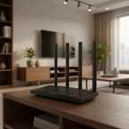 TP-Link Archer C80 AC1900 WiFi router placed on a modern living room TV console.