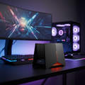 TP-Link Archer GE800 Wi-Fi 7 gaming router on an esports desk with blurred RGB gaming setup.