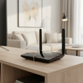 TP-Link Archer MR600 LTE router placed in a modern living room setup.