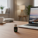 TP-Link Archer T3U AC1300 Mini USB WiFi adapter placed on a real wooden table beside a laptop in a home environment.