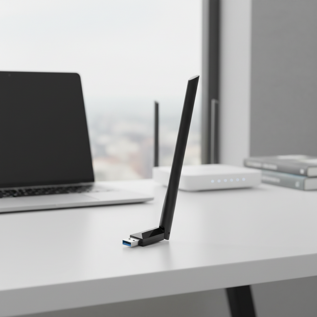 TP-Link Archer TX35U Plus Wi-Fi 6 USB adapter on an office desk with a blurred workspace background.