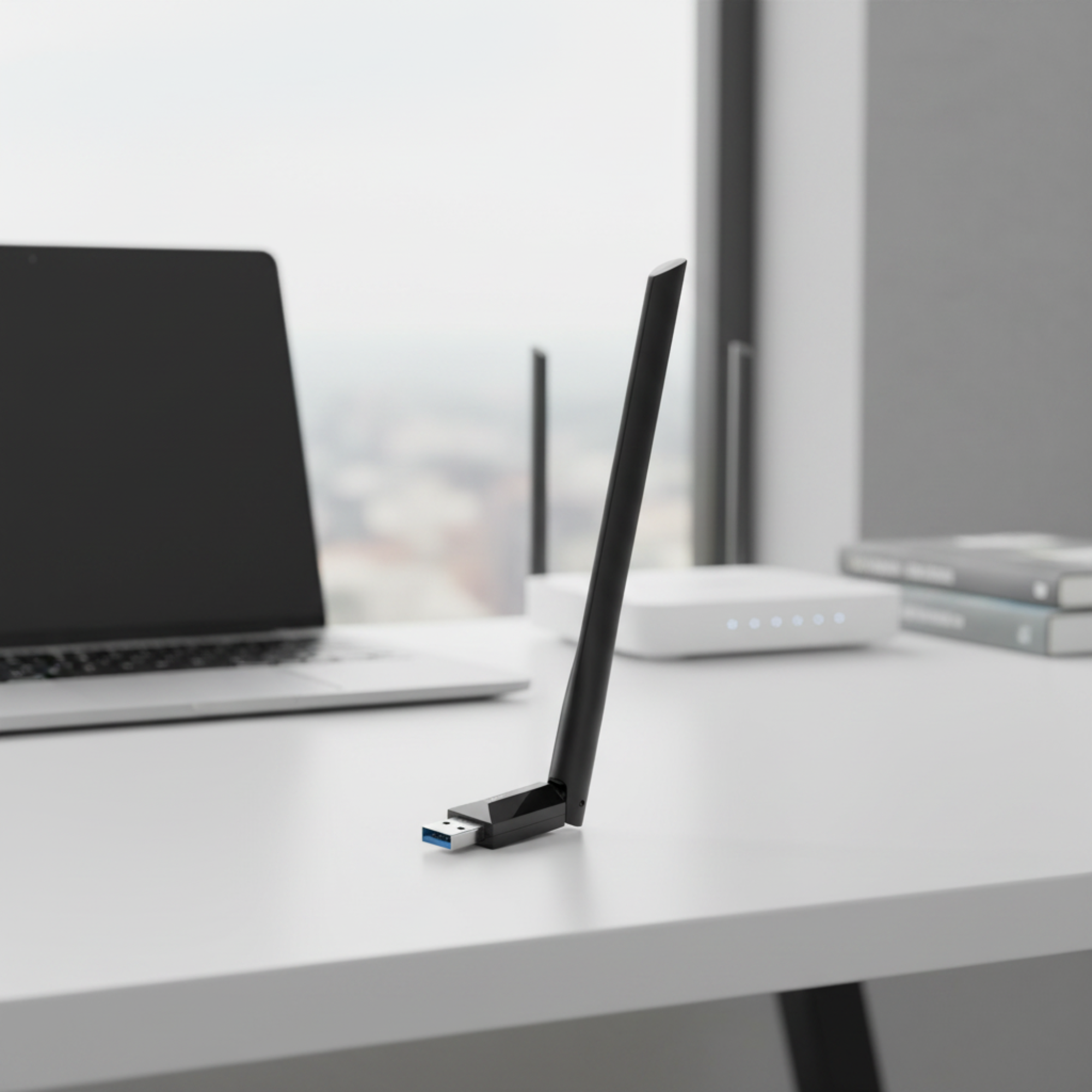 TP-Link Archer TX35U Plus Wi-Fi 6 USB adapter on an office desk with a blurred workspace background.