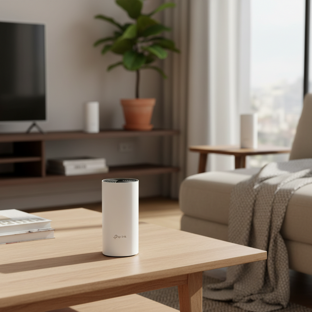 TP-Link Deco E4 mesh WiFi unit placed in a modern living room setup.

1-Pack 2-Pack 3-Pack