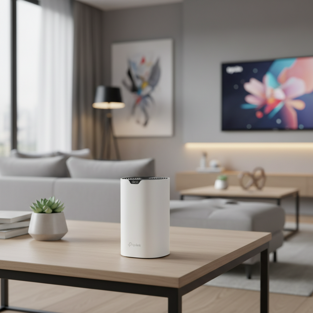 TP-Link Deco S7 mesh WiFi system placed on a living room table in a modern home setup.

1-Pack 3-Pack