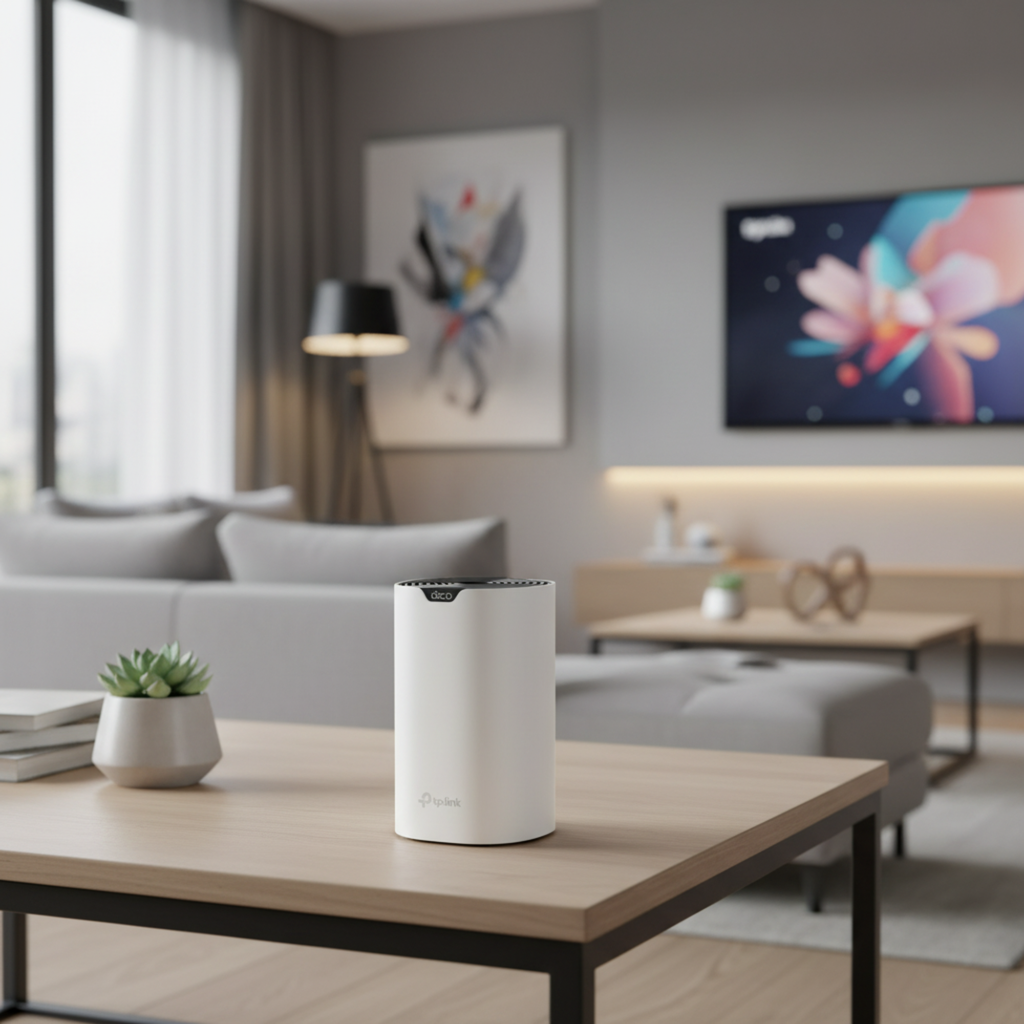 TP-Link Deco S7 mesh WiFi system placed on a living room table in a modern home setup.

1-Pack 3-Pack