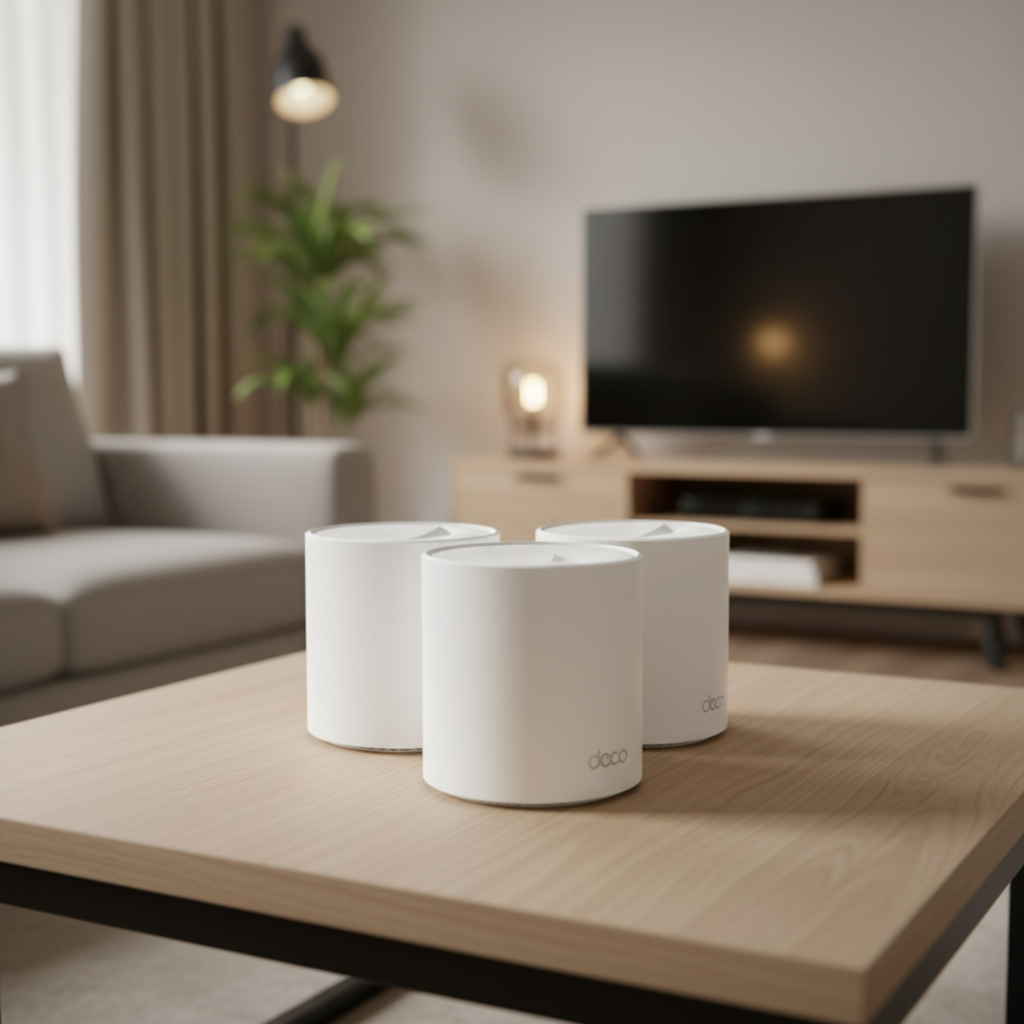 TP-Link Deco X60 mesh WiFi unit placed in a modern living room for whole home coverage.
