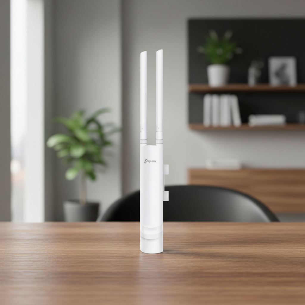 TP-Link EAP225-Outdoor access point placed on a real indoor surface in a natural environment.