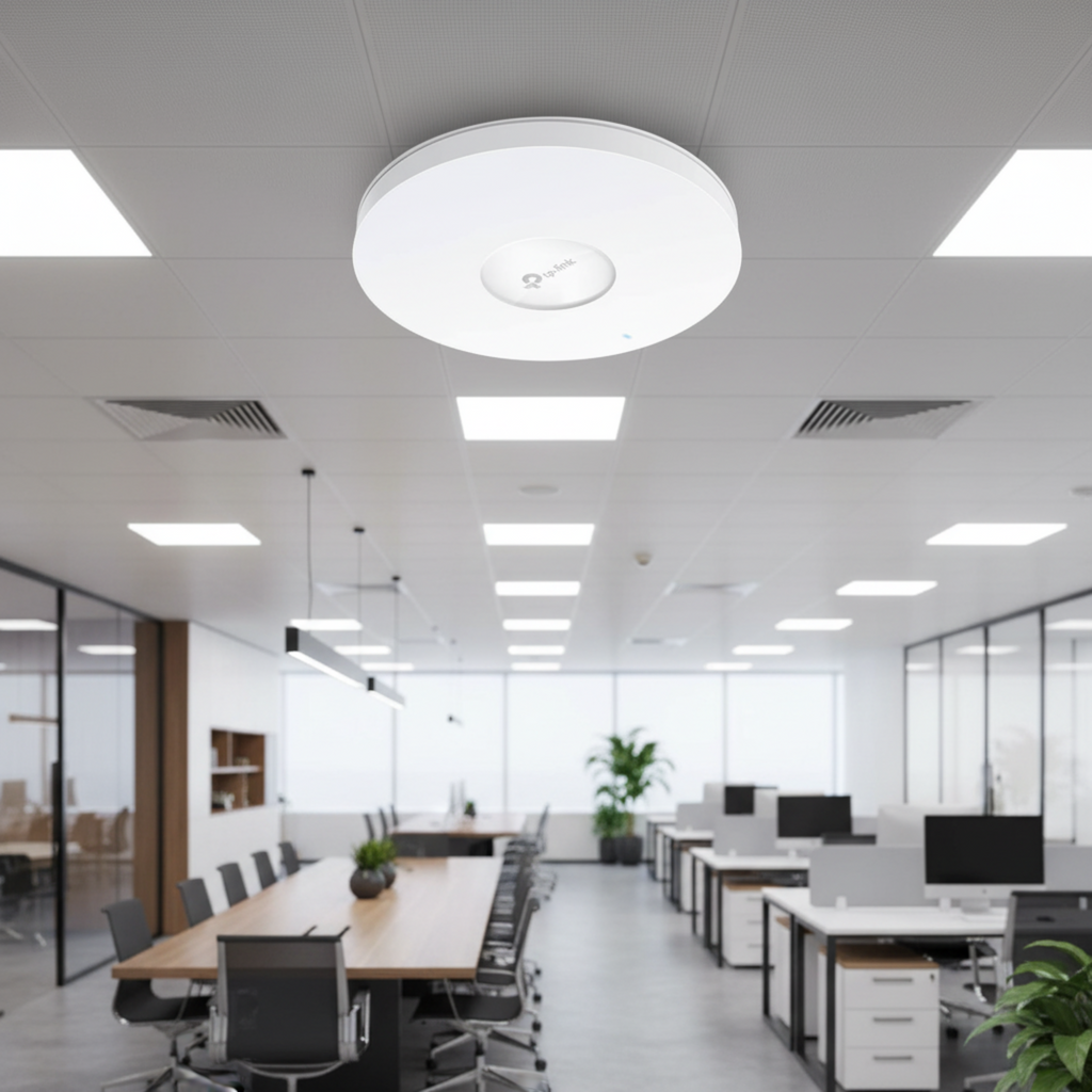TP-Link EAP610 ceiling-mounted in a modern office with blurred business interior.