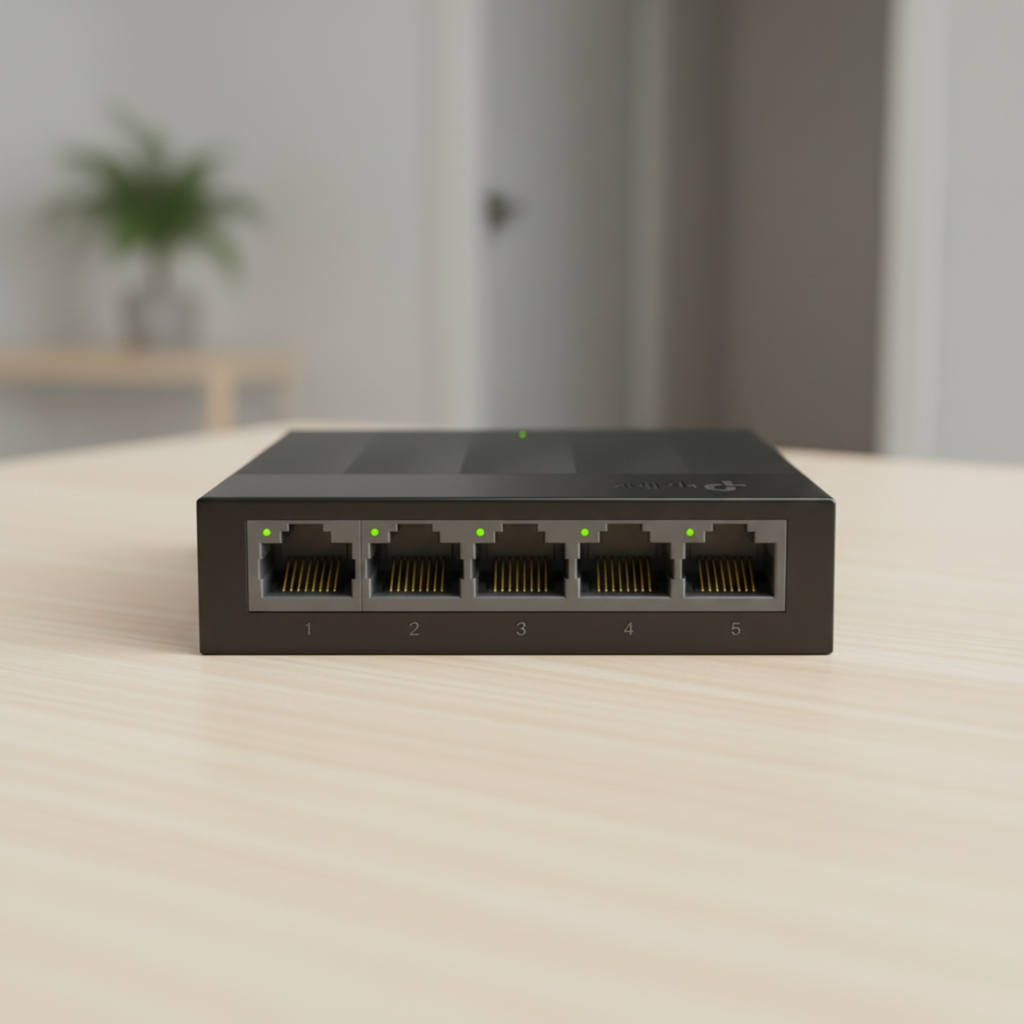 TP-Link LS1005G compact gigabit switch on a clean tabletop.
