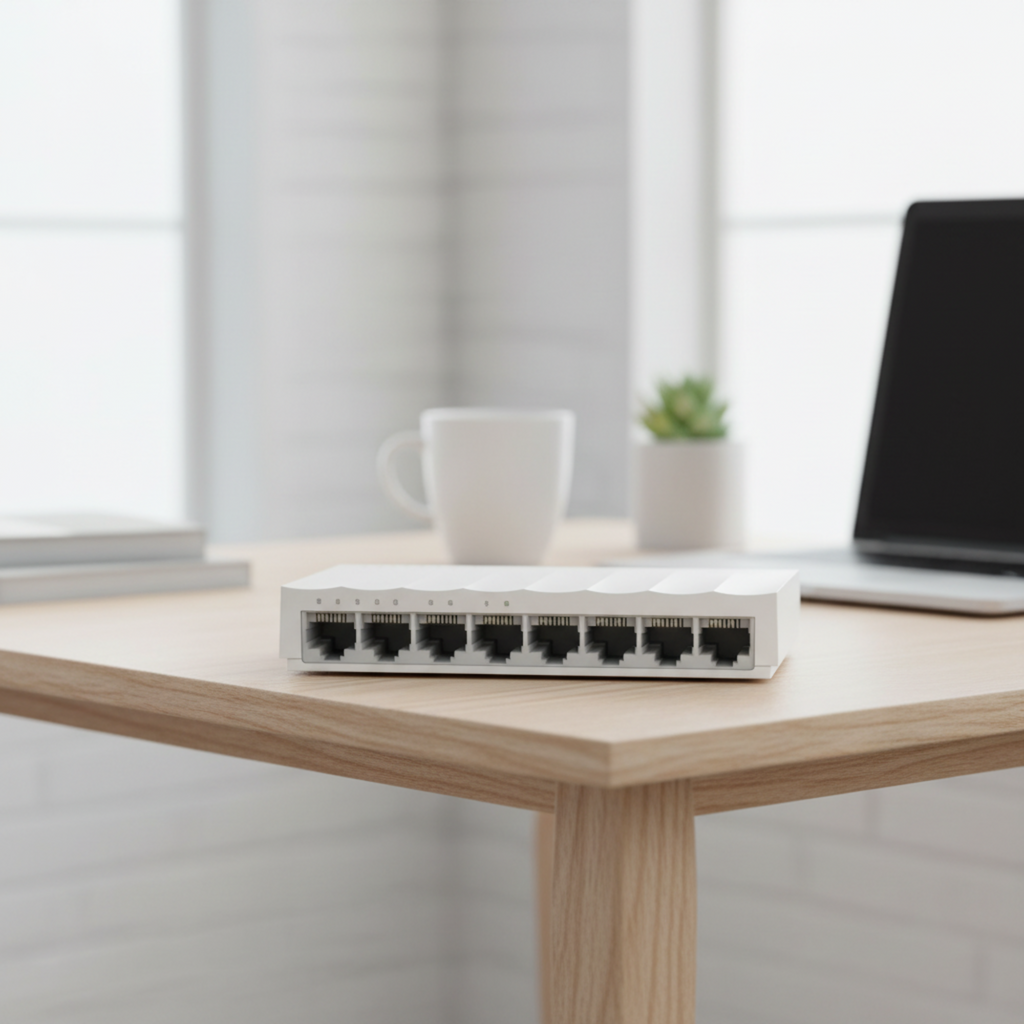 TP-Link LS1008 compact Ethernet switch on a minimal home desk setup.
