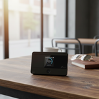 TP-Link M7350 mobile WiFi hotspot in a travel café setup.