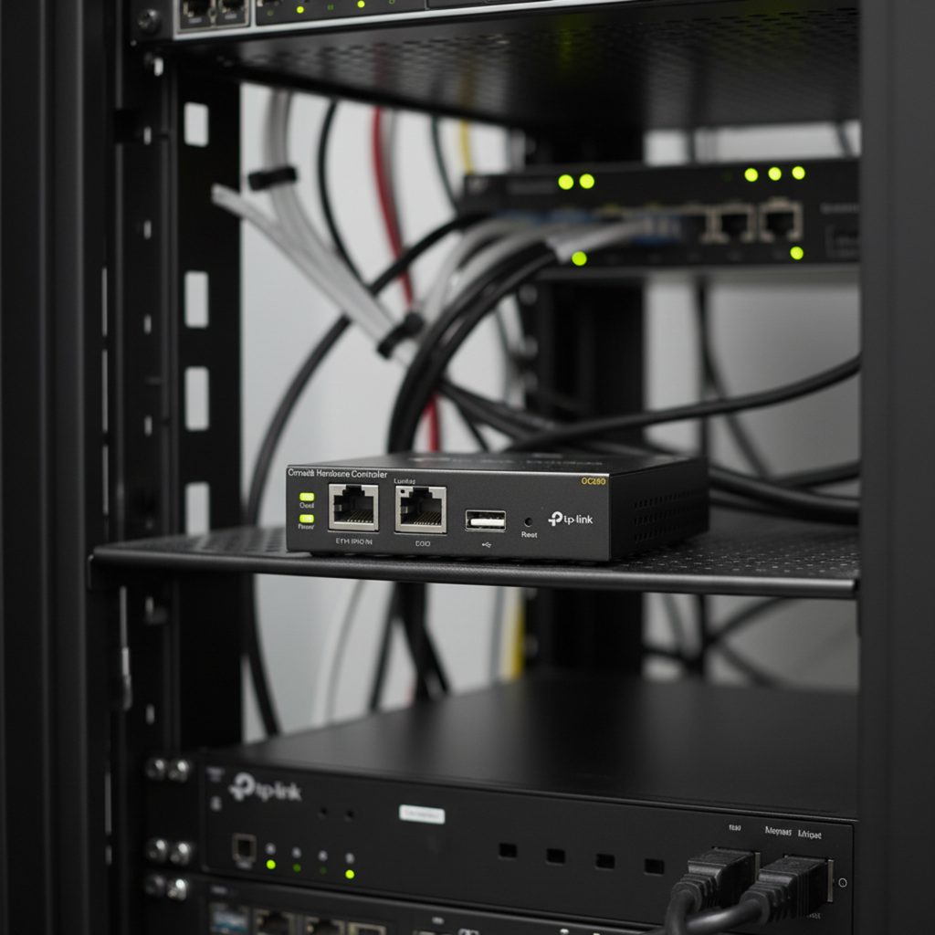 TP-Link OC200 Omada hardware controller in a professional network rack setup.