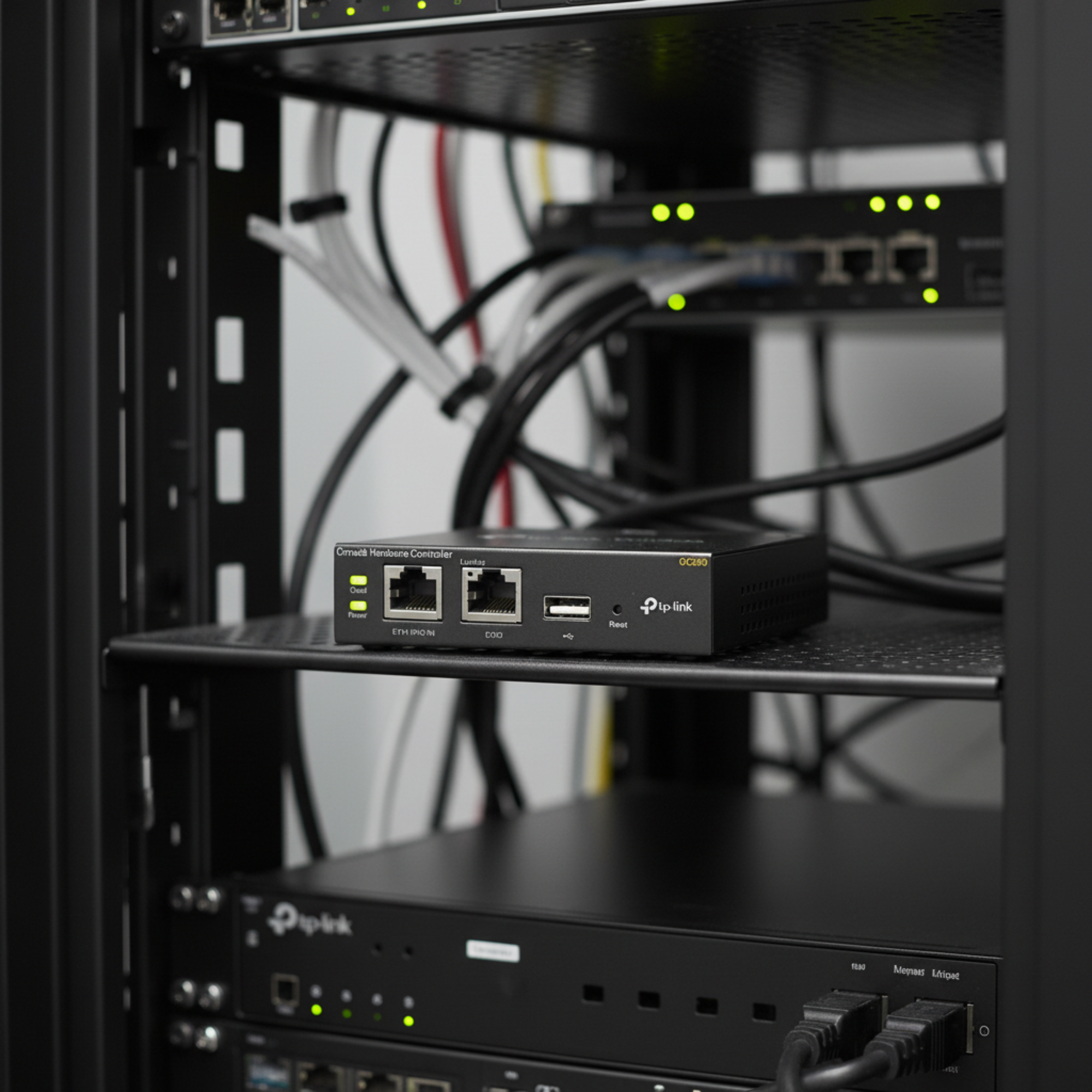 TP-Link OC200 Omada hardware controller in a professional network rack setup.