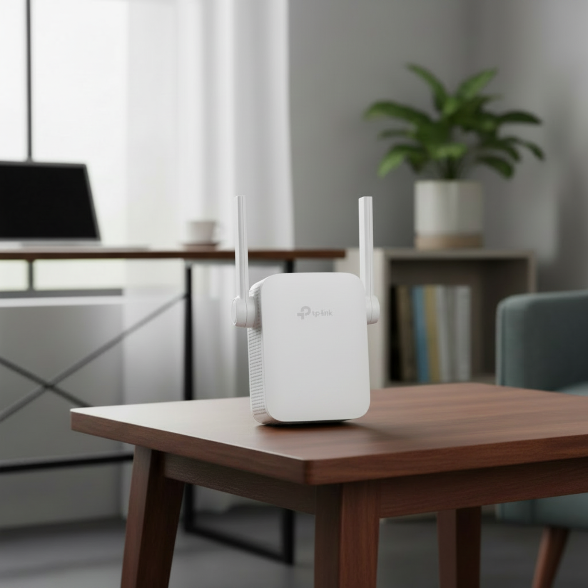 TP-Link RE205 WiFi extender placed on a table in a real home environment setup.