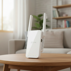 TP-Link RE215 AC750 Mesh WiFi range extender placed on a real wooden table in a home environment.