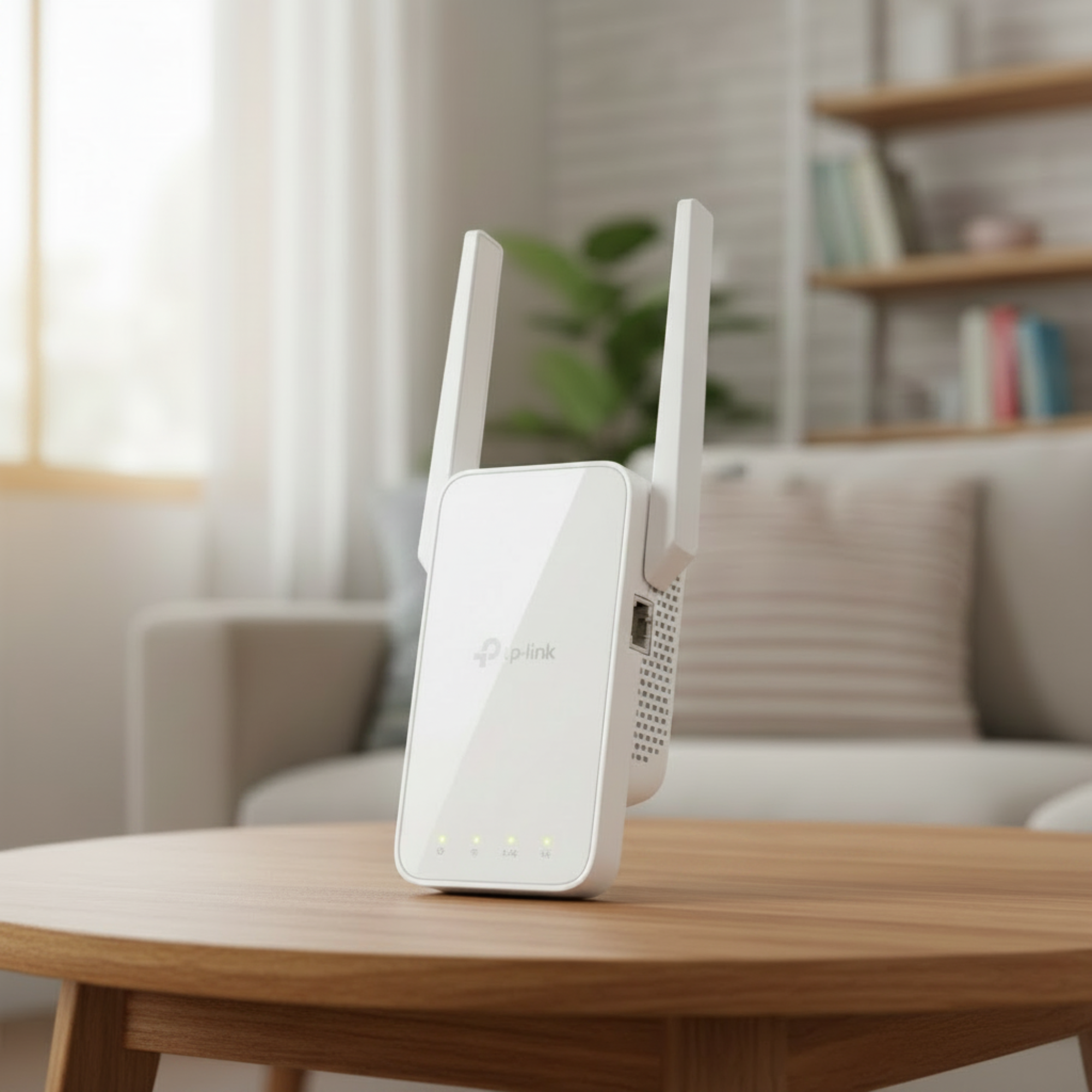 TP-Link RE215 AC750 Mesh WiFi range extender placed on a real wooden table in a home environment.