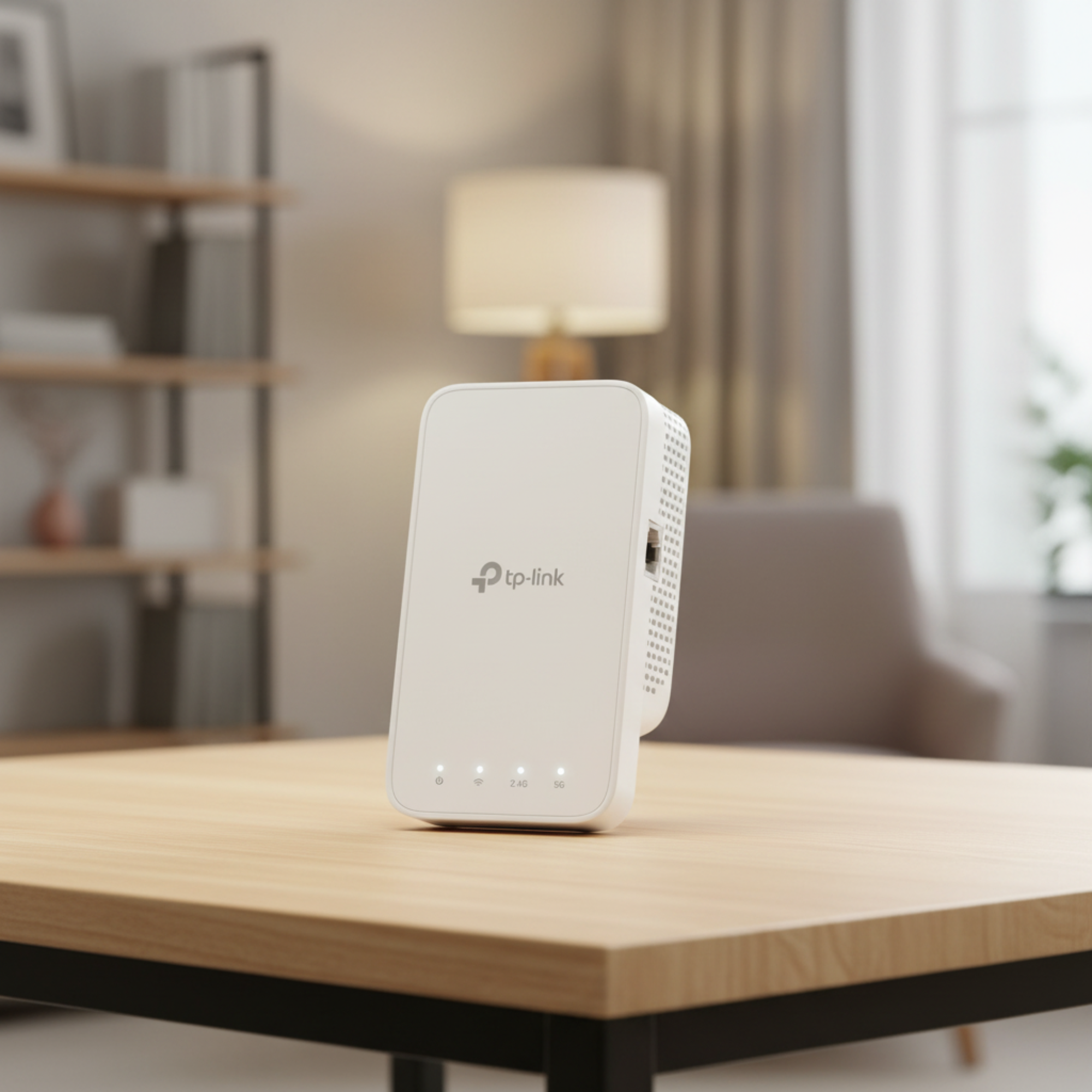 TP-Link RE330 WiFi extender placed on a real home surface in a natural indoor setup.