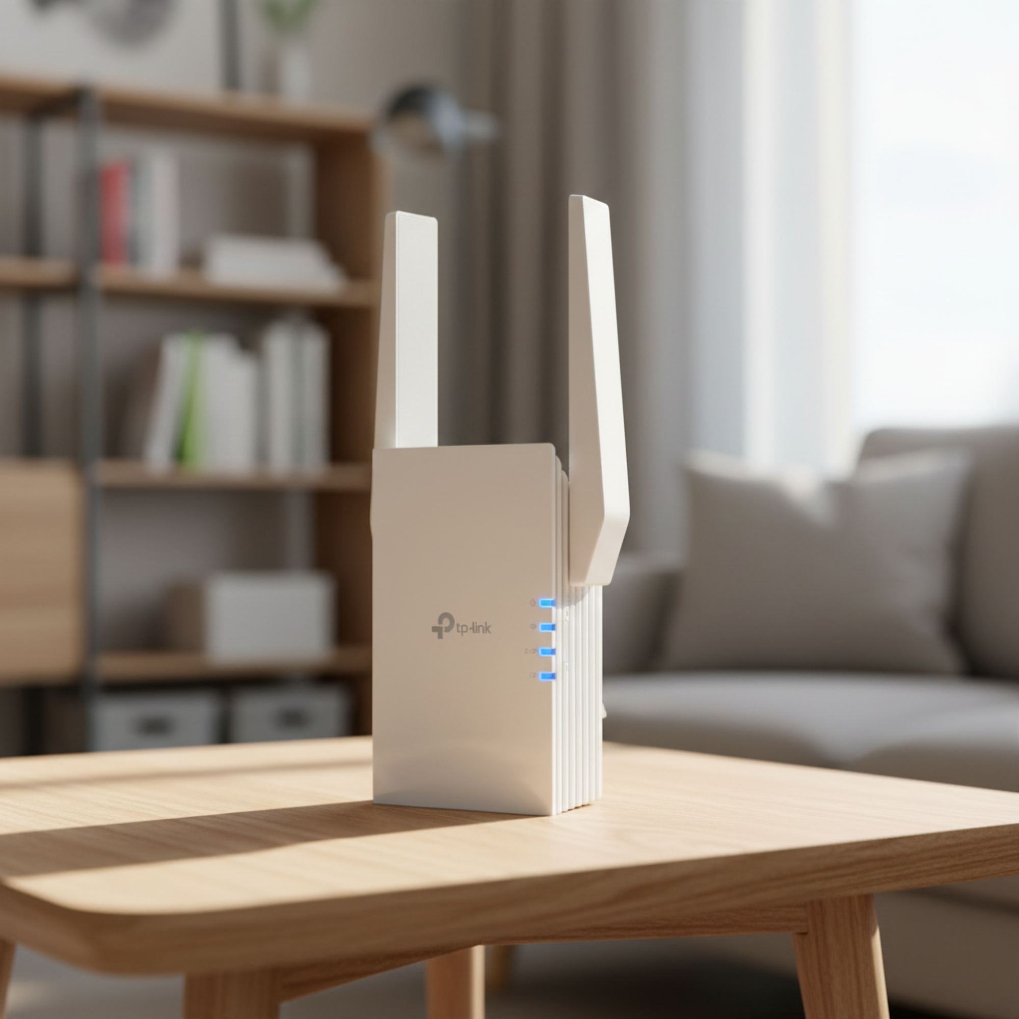 TP-Link RE505X WiFi extender placed on a home table in a real environment.