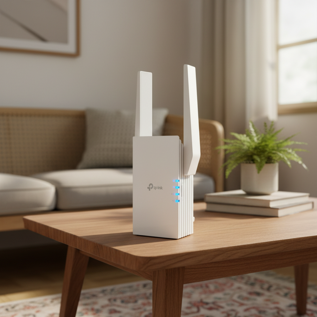 TP-Link RE705X WiFi 6 range extender placed on a home table for real-world setup and configuration.