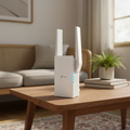 TP-Link RE705X WiFi 6 range extender placed on a home table for real-world setup and configuration.