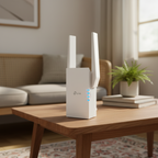 TP-Link RE705X WiFi 6 range extender placed on a home table for real-world setup and configuration.