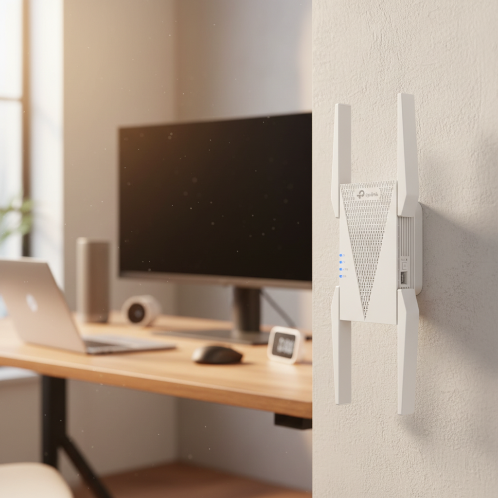 TP-Link RE815X range extender improving WiFi performance in a home office setup.