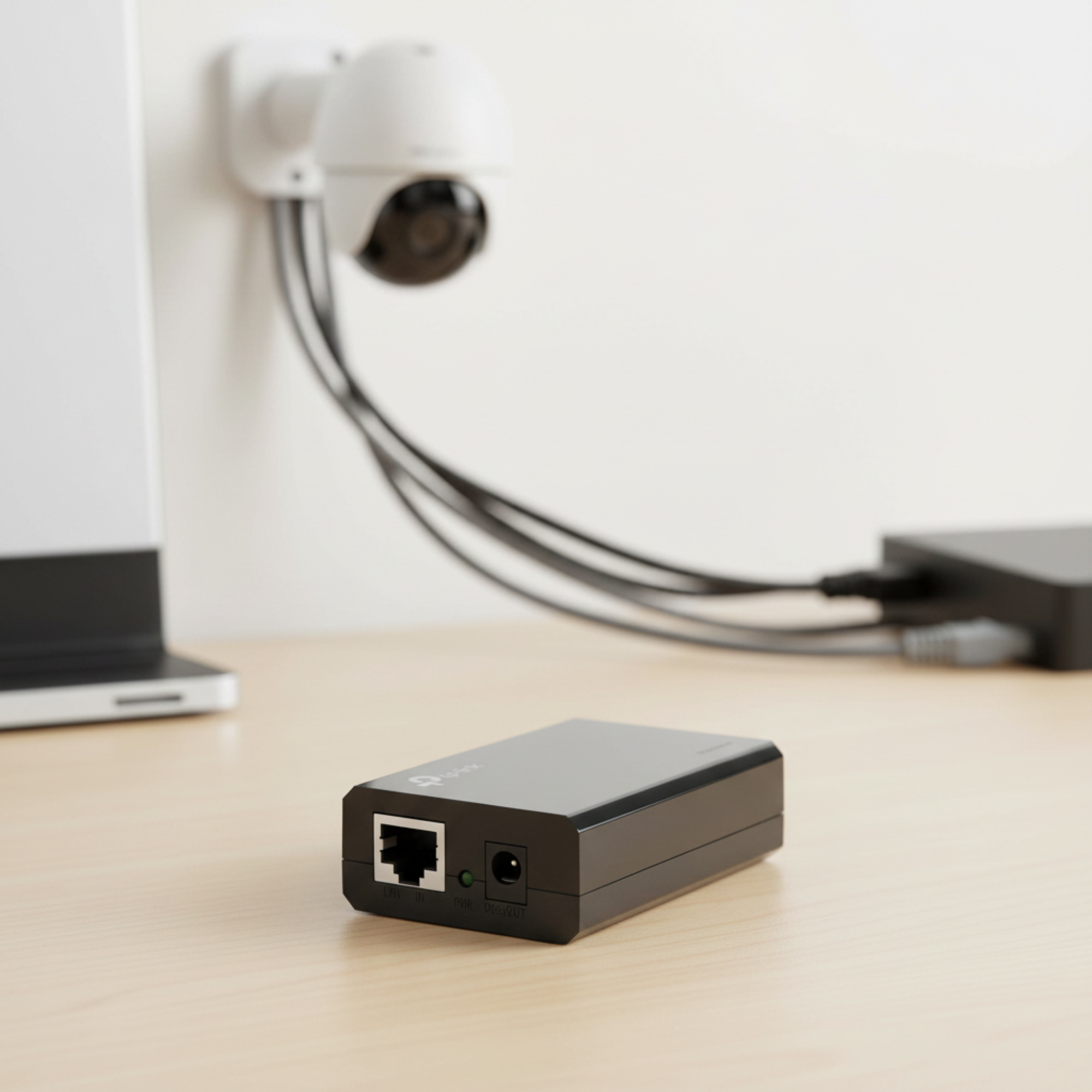 TP-Link TL-POE150S PoE injector powering an IP camera via Ethernet cable.