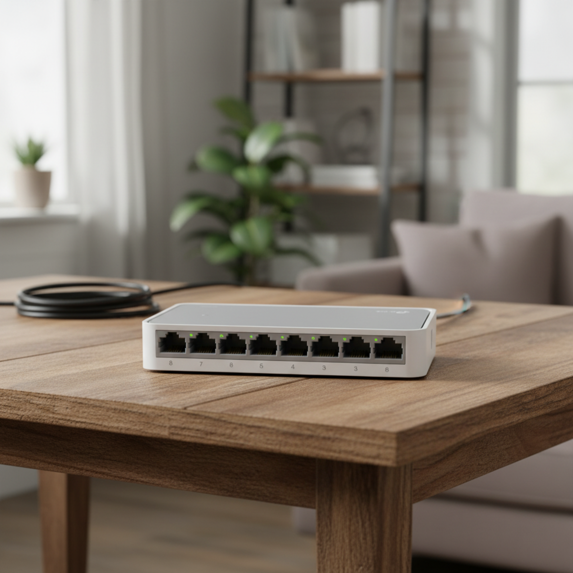 TP-Link TL-SF1008D switch placed on a real indoor surface.
