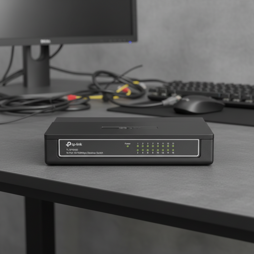 TP-Link 16-port network switch standing upright on desk with clear port visibility and blurred office background