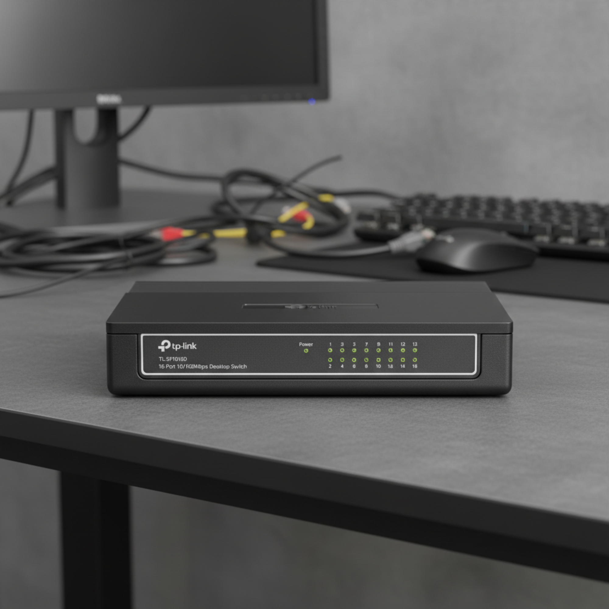 TP-Link 16-port network switch standing upright on desk with clear port visibility and blurred office background