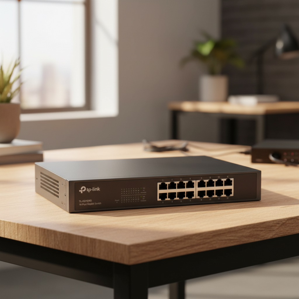 TP-Link TL-SG1016D switch placed on a real indoor surface.