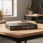 TP-Link TL-SG1016D switch placed on a real indoor surface.