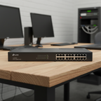 TP-Link TL-SG1024 24 Port Gigabit rackmount switch placed on a real office table.