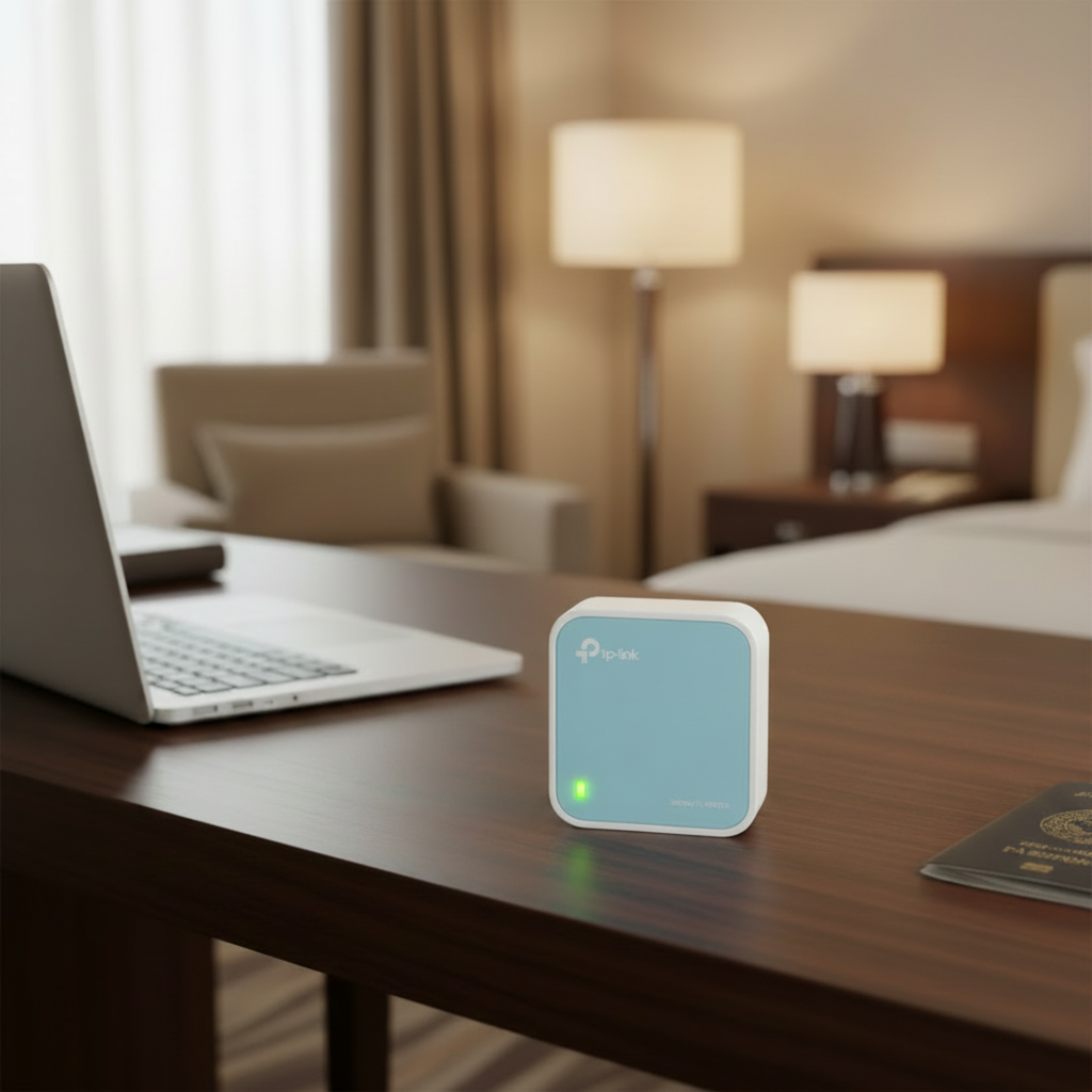 TP-Link TL-WR802N nano WiFi router used on a hotel desk for portable internet connectivity.